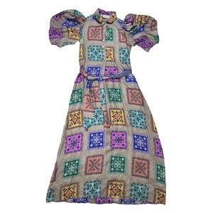 Pierre Louis Mascia 100% Silk Printed Dress Belted Geometric Italy size Medium‎
